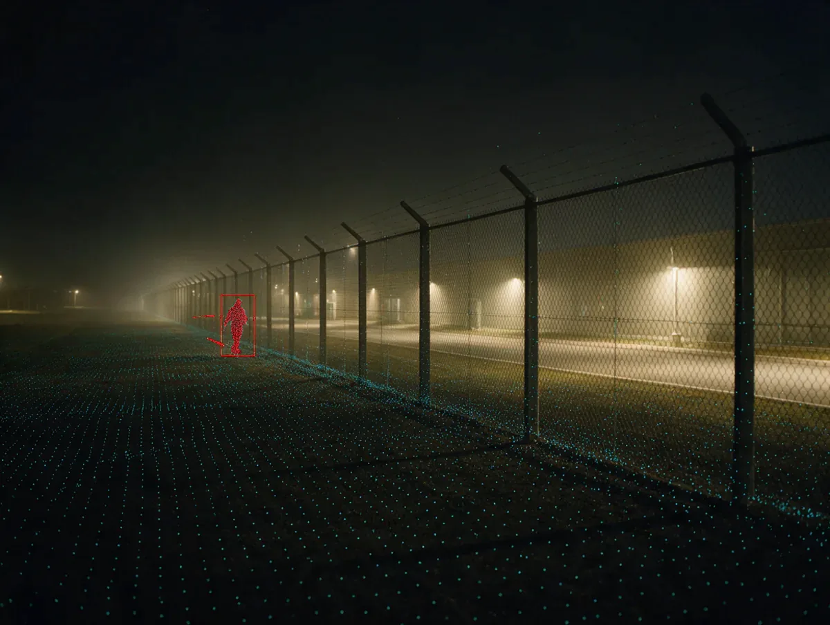 Night view of a data center perimeter fence with a 3D LiDAR point cloud overlay tracking a walking person highlighted in red inside a red bounding box
