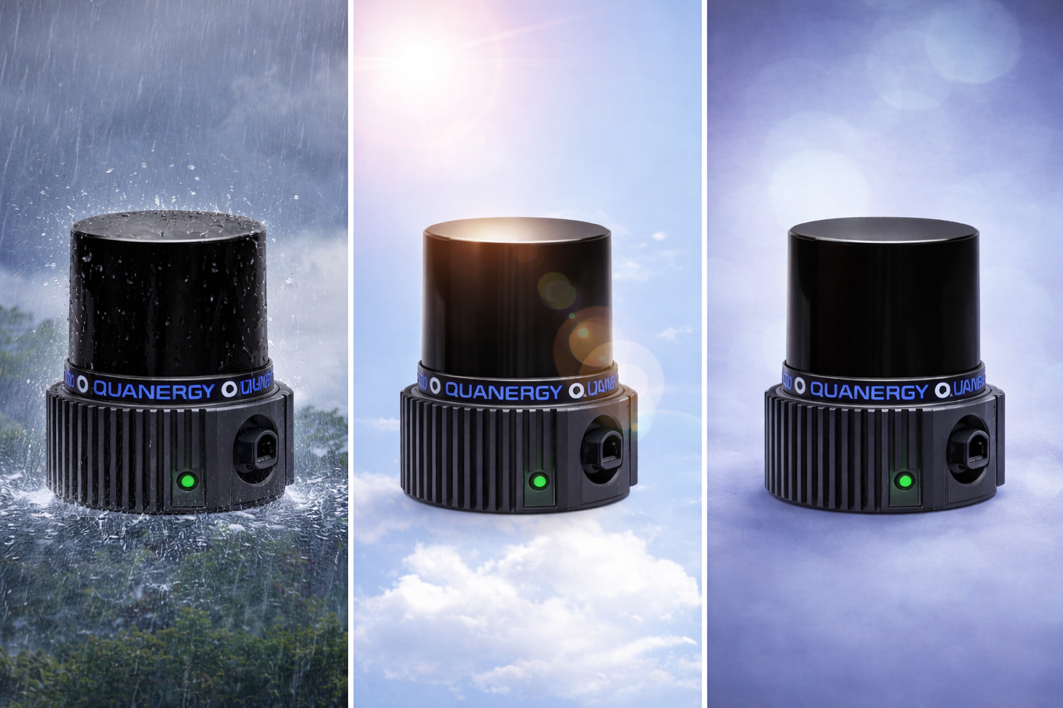 Quanergy Q-SHIELD 2D LiDAR sensor operating in rain, sunlight, and fog environments