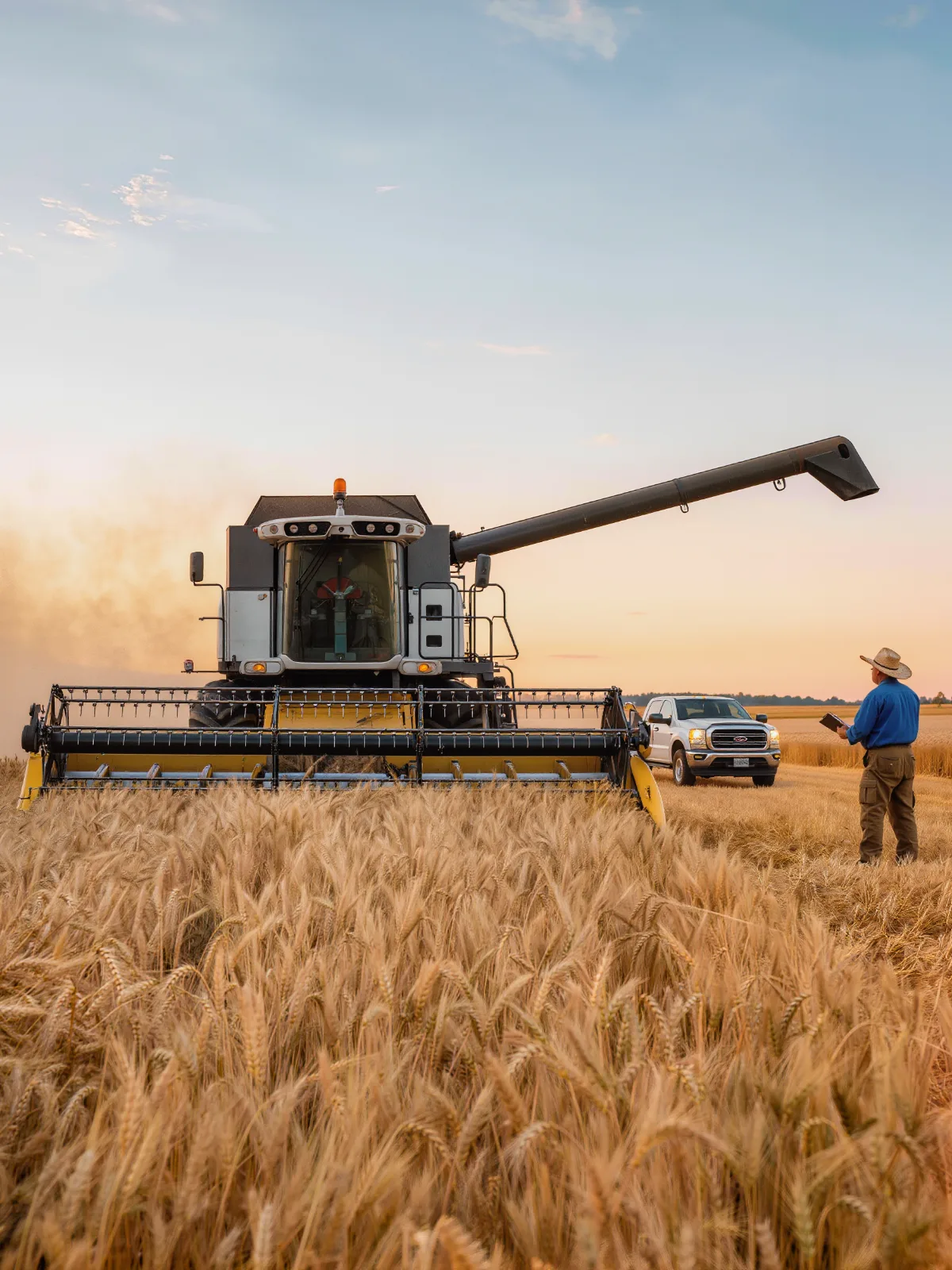 Combine harvester in a wheat field with a worker standing well away beside a pickup