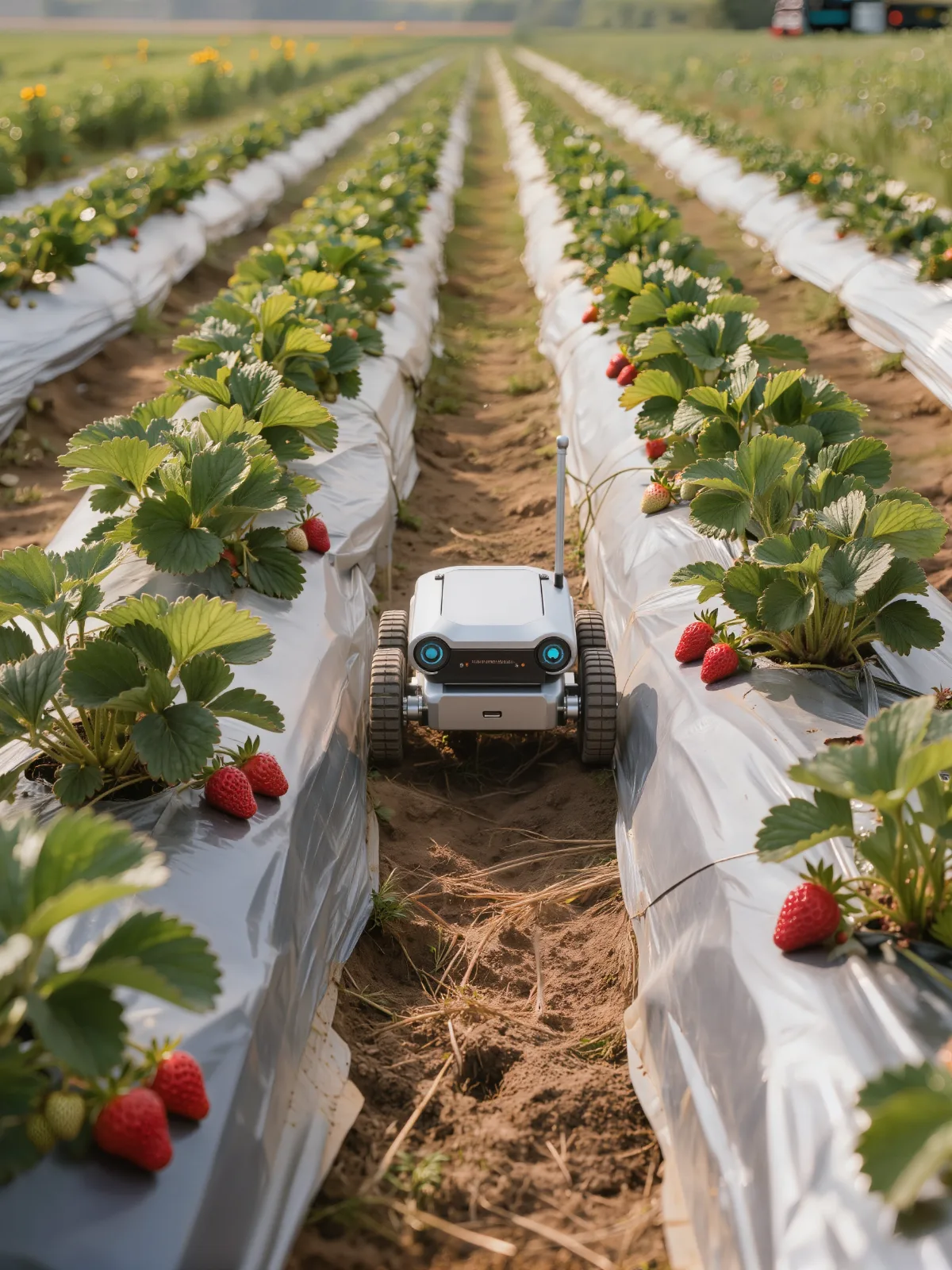 Small field robot driving in the furrow between raised strawberry beds