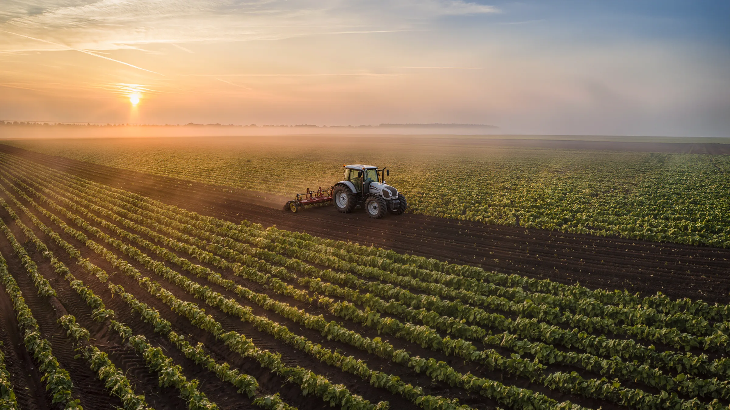 Tractor working long crop rows in a misty field at sunrise