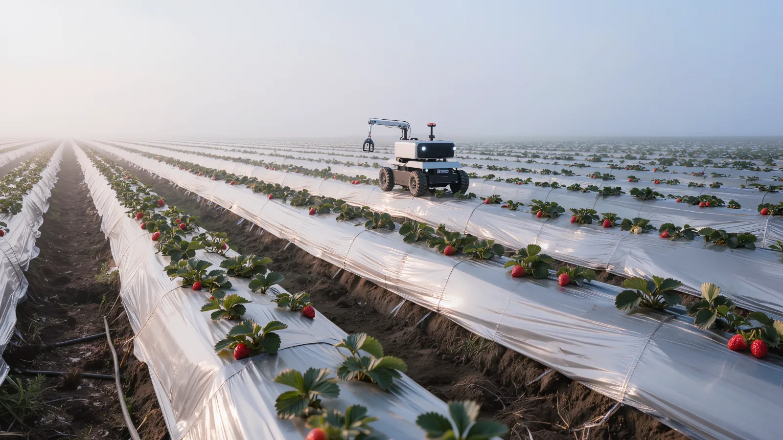 Strawberry field at dawn with a harvesting robot working one row