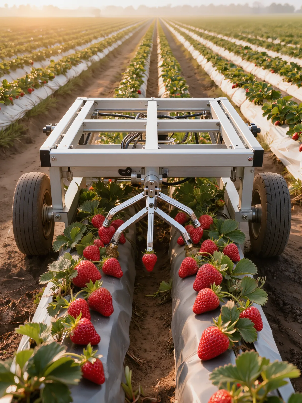 Strawberry harvesting robot straddling raised beds