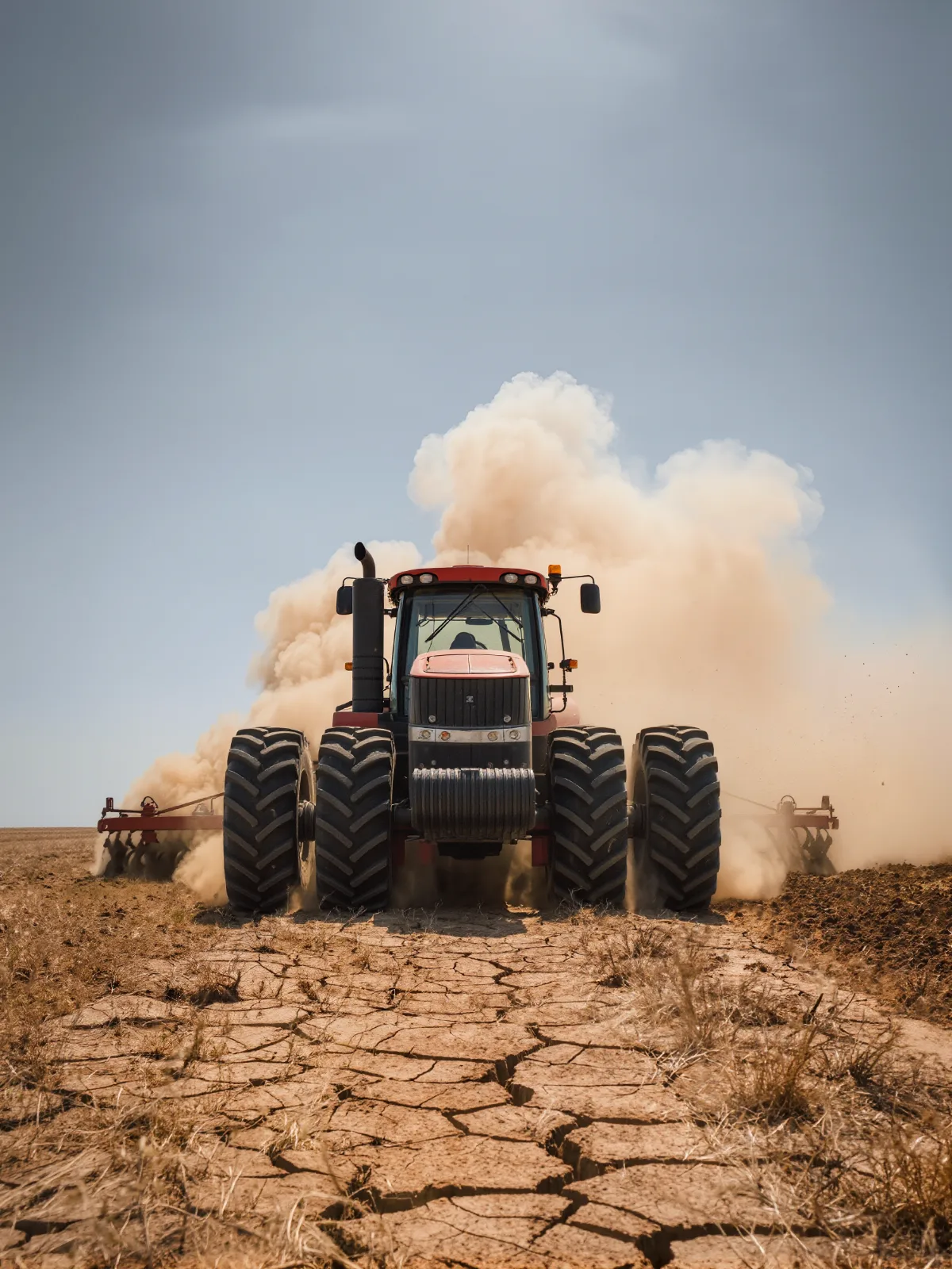 Tractor tilling a dry field and raising dust under midday sun