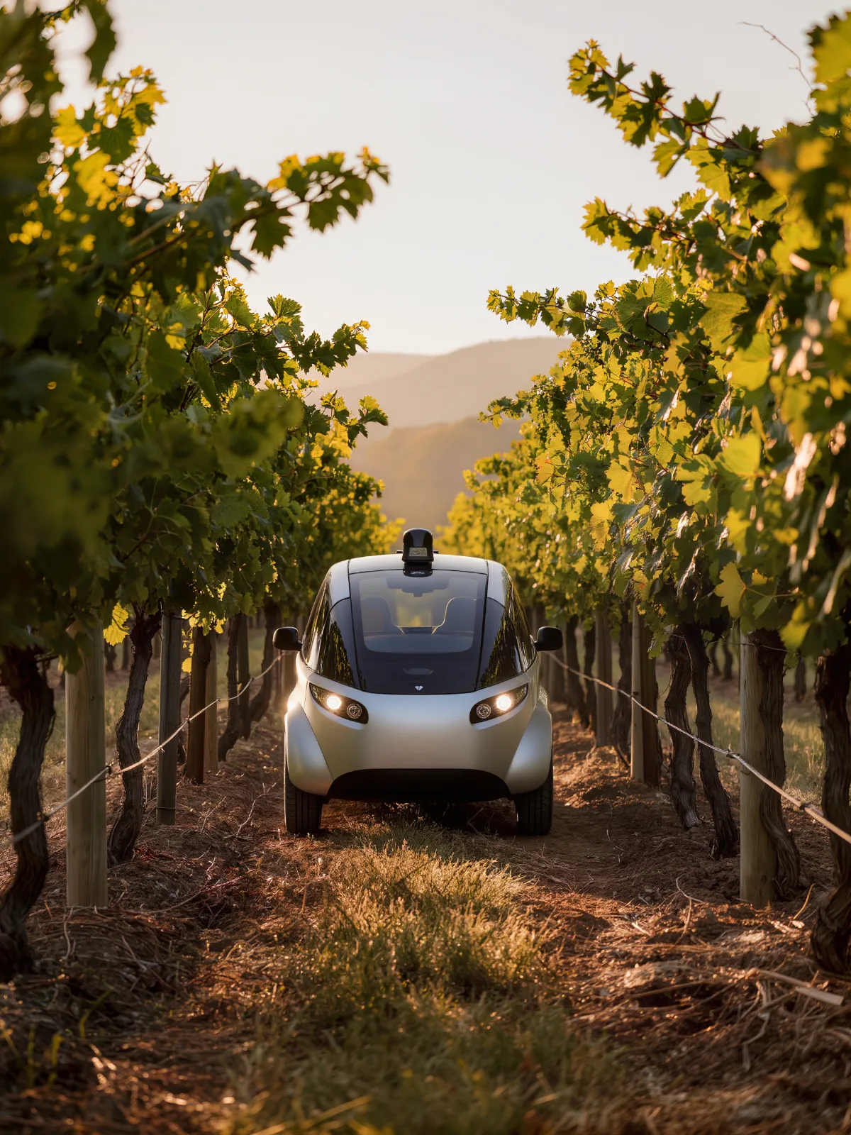 Small autonomous utility vehicle driving down a vineyard row