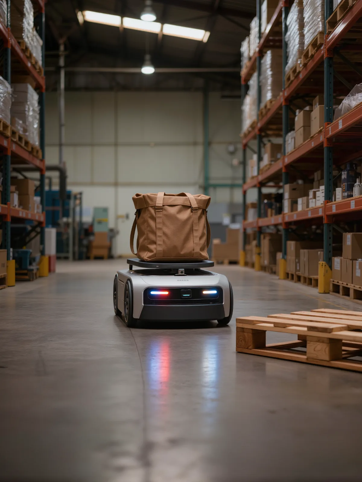 Autonomous mobile robot carrying a load toward a stray pallet in a warehouse aisle