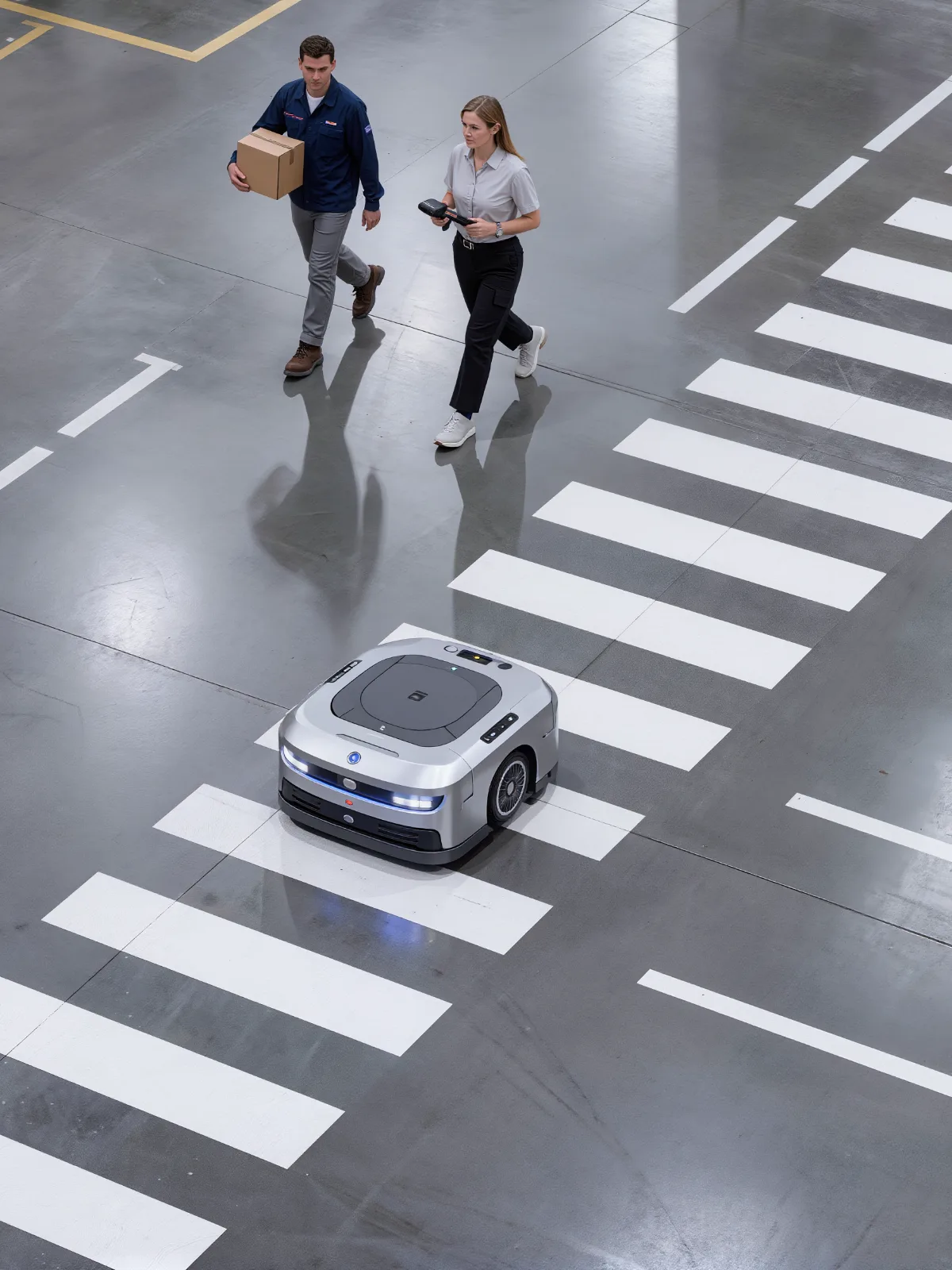 Autonomous mobile robot crossing a marked walkway as two workers walk by