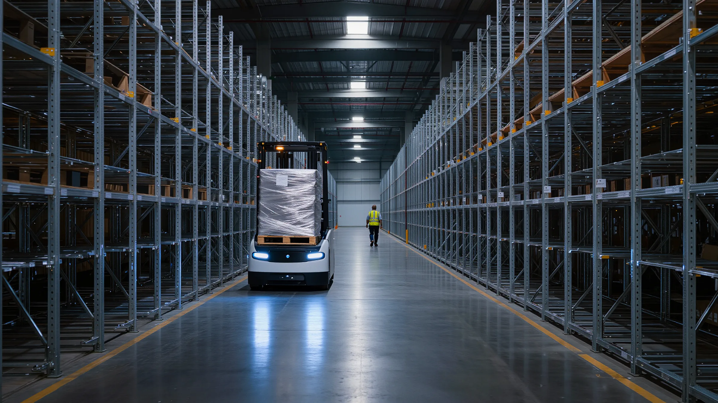 Driverless forklift carrying a wrapped pallet down a wide warehouse aisle
