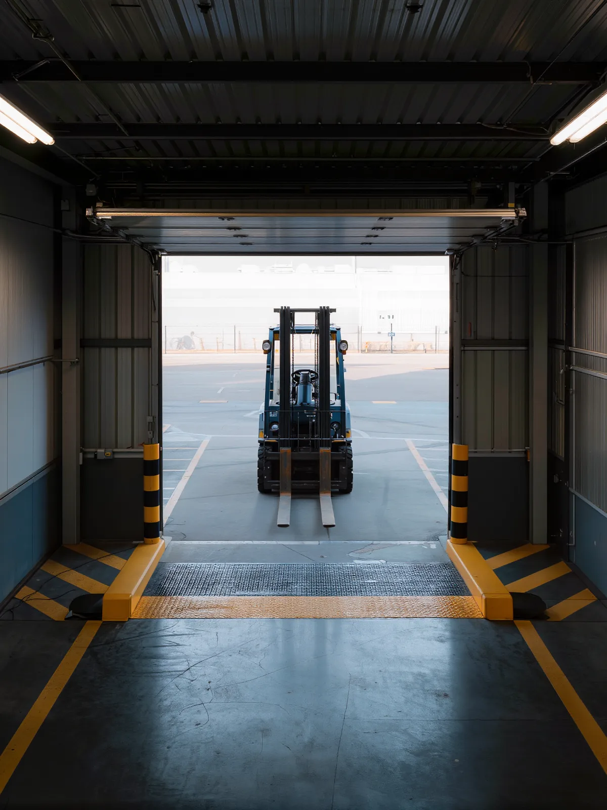 Open loading dock door with a marked edge and an electric forklift parked back from it