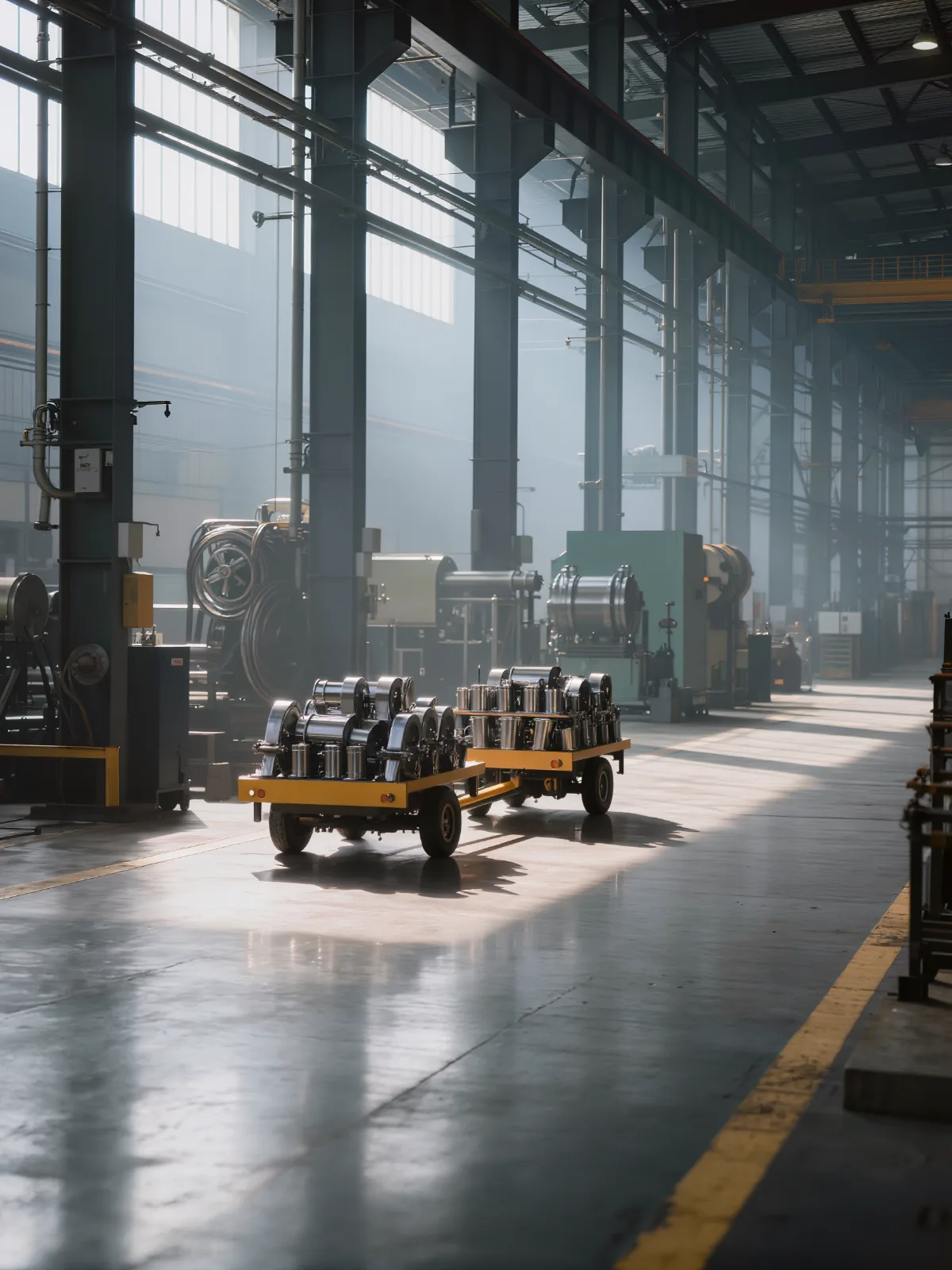 Wheeled carts of parts moving along a lane on a factory floor