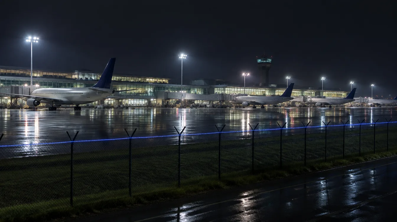 Airport apron and perimeter fence at night with parked aircraft under floodlights