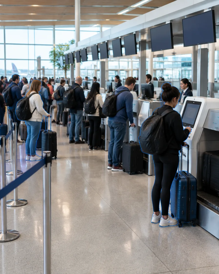 Airline check-in counters and self bag-drop kiosks with travelers queuing
