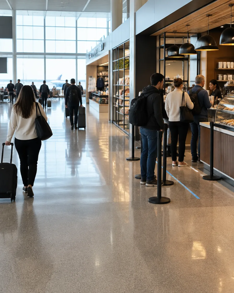 Airport concourse with shops and a short line at a coffee bar