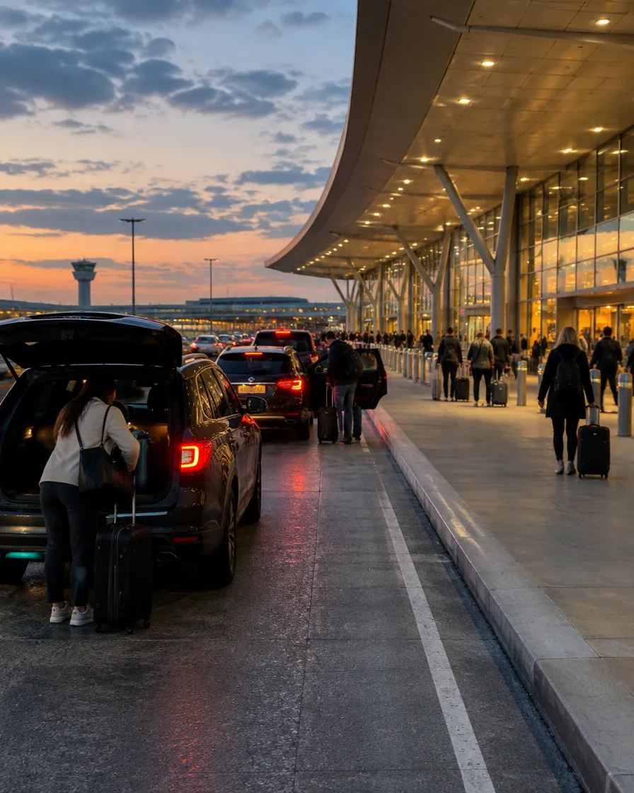 Airport curbside departures drop-off at dusk