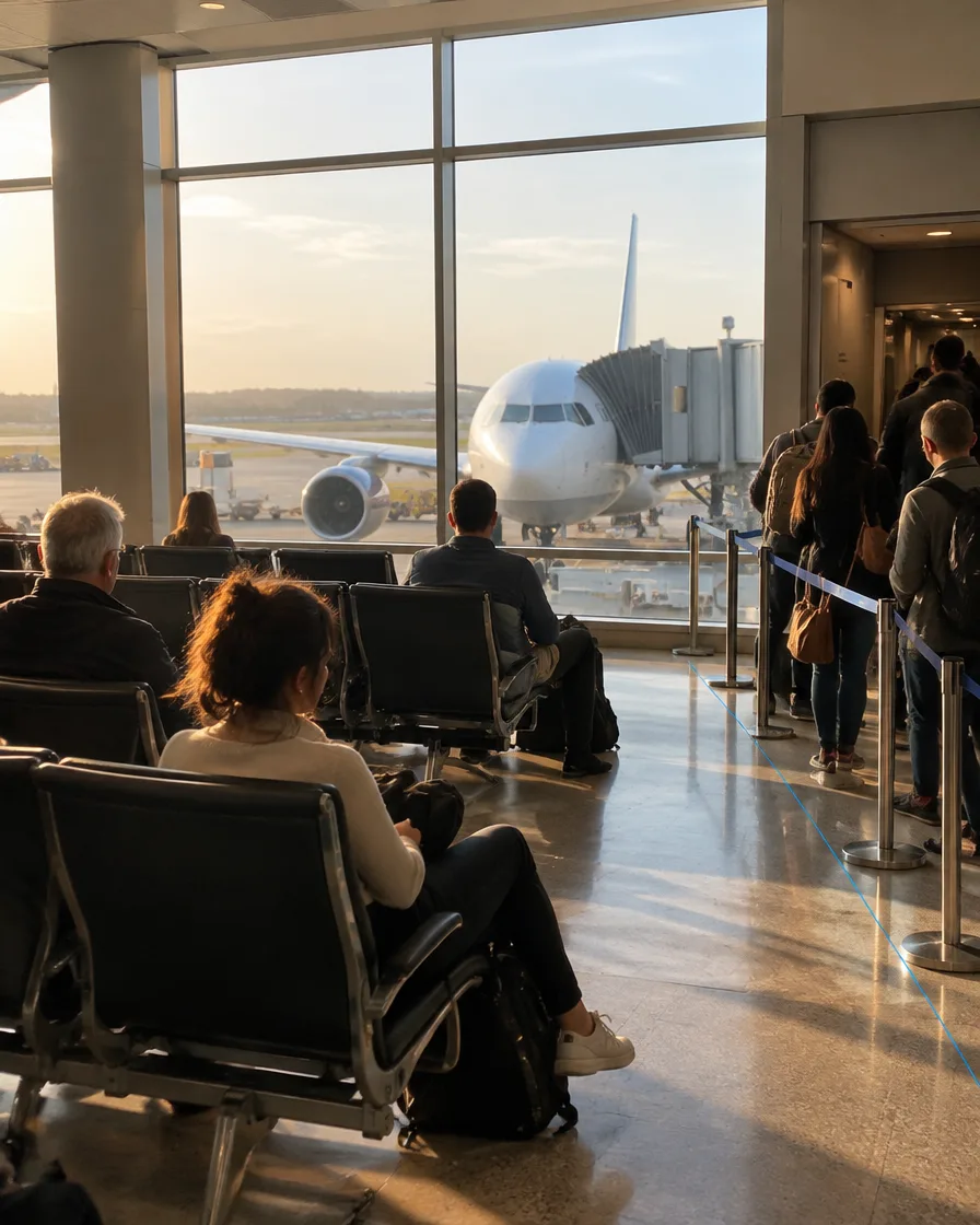 Departure gate seating area with a parked jet outside the window