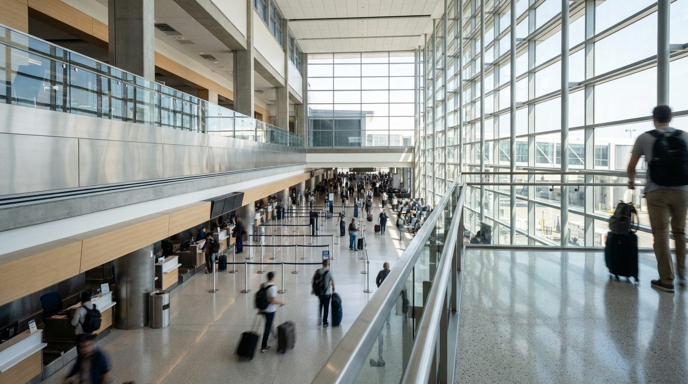 Passengers moving through an airport departures hall