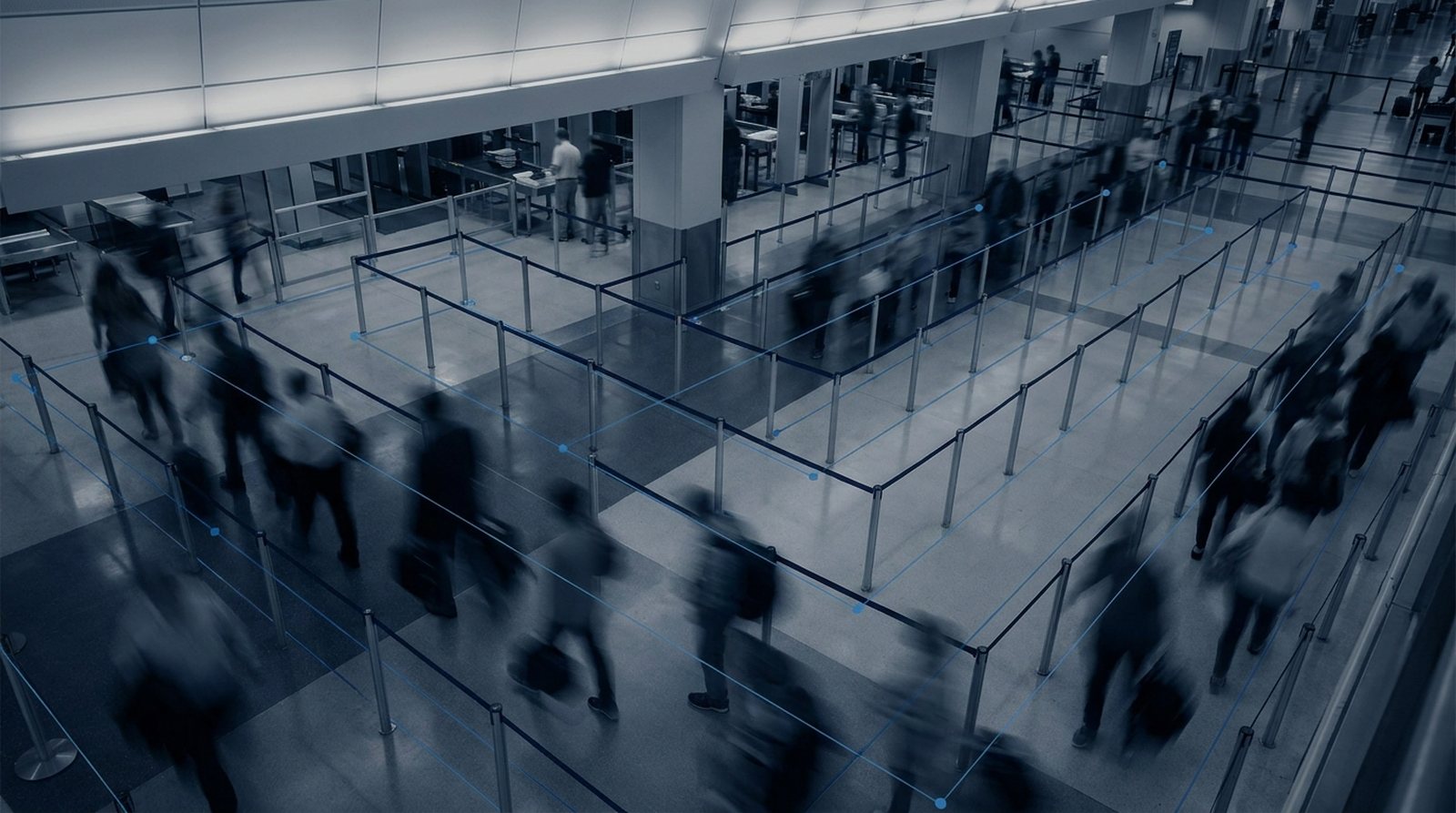 Elevated view of an airport security screening queue with an anonymous 3D LiDAR queue zone defined on the floor