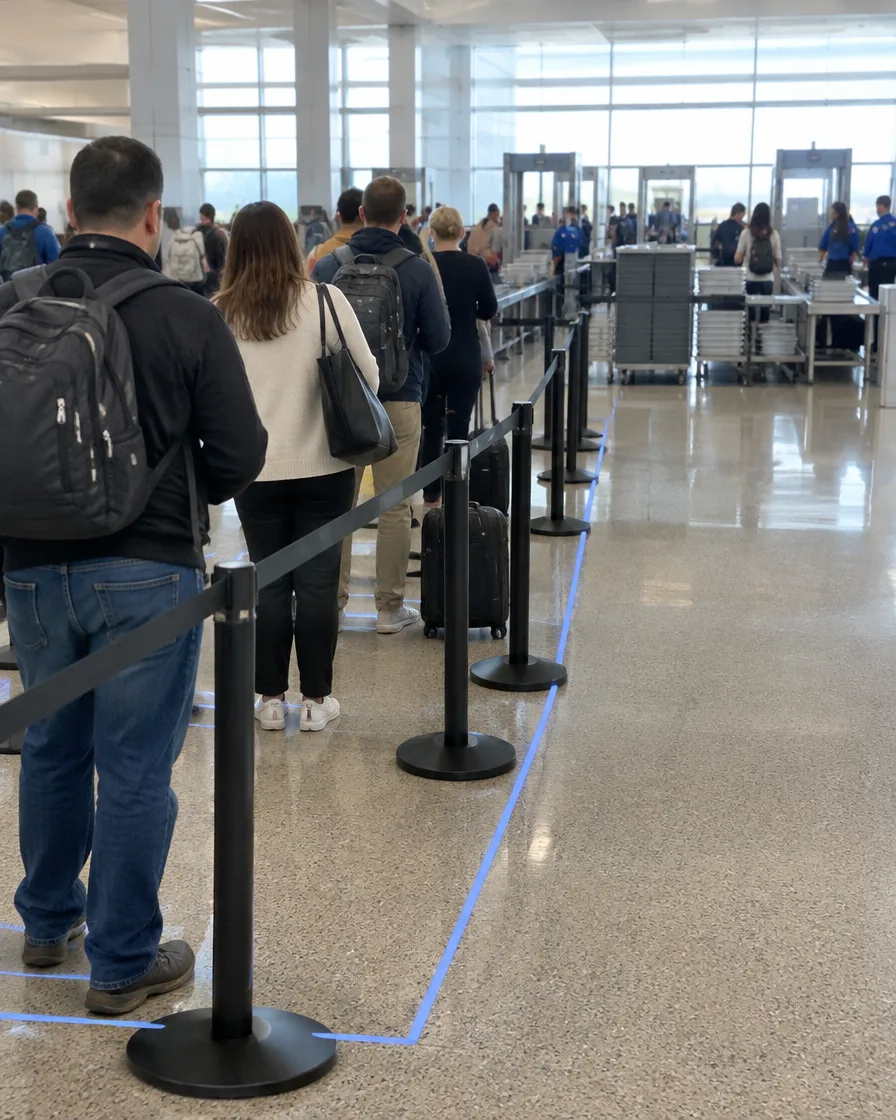 Airport security checkpoint queue with travelers waiting