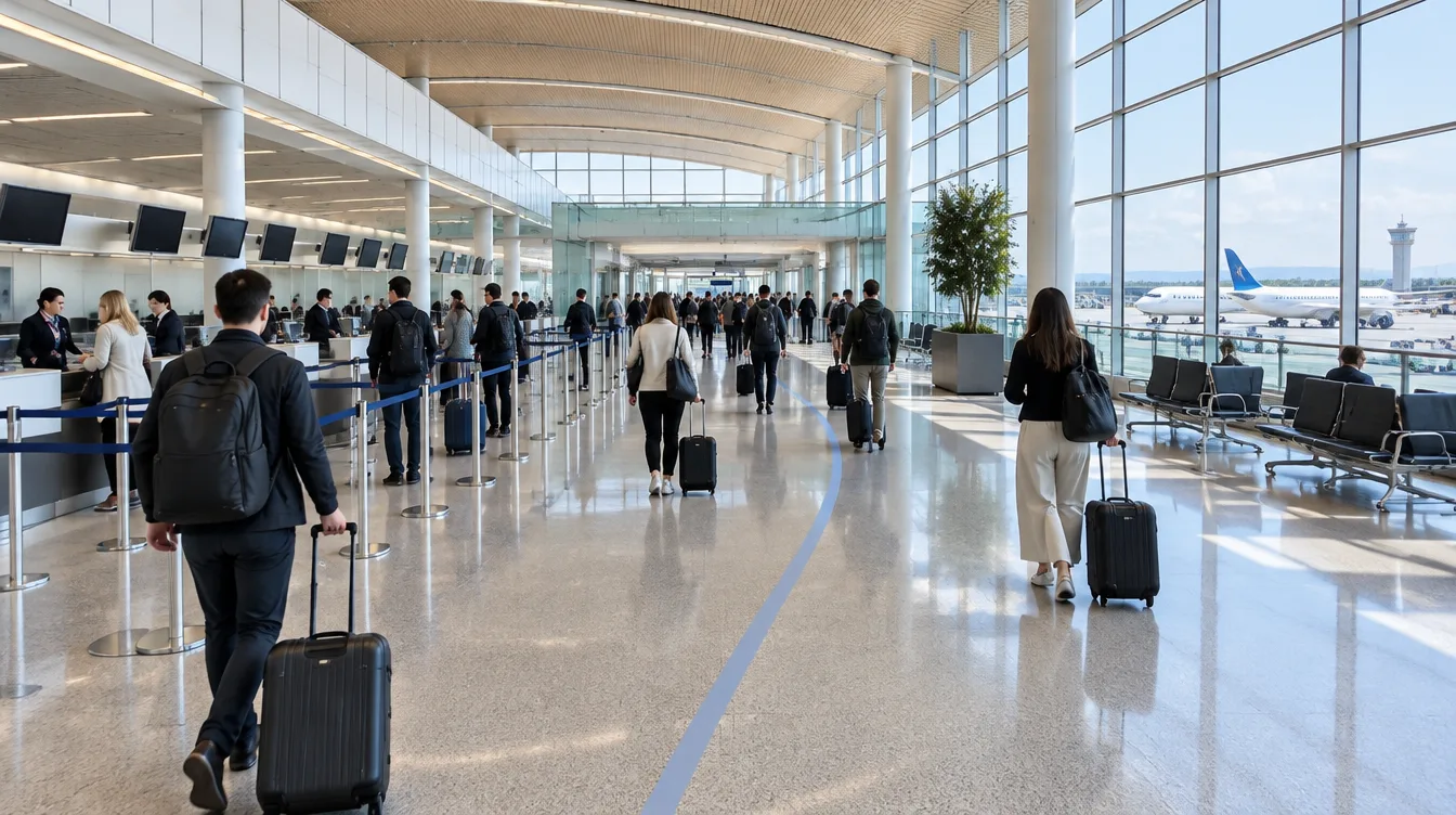 Modern airport check-in hall with travelers, luggage and aircraft visible through the windows
