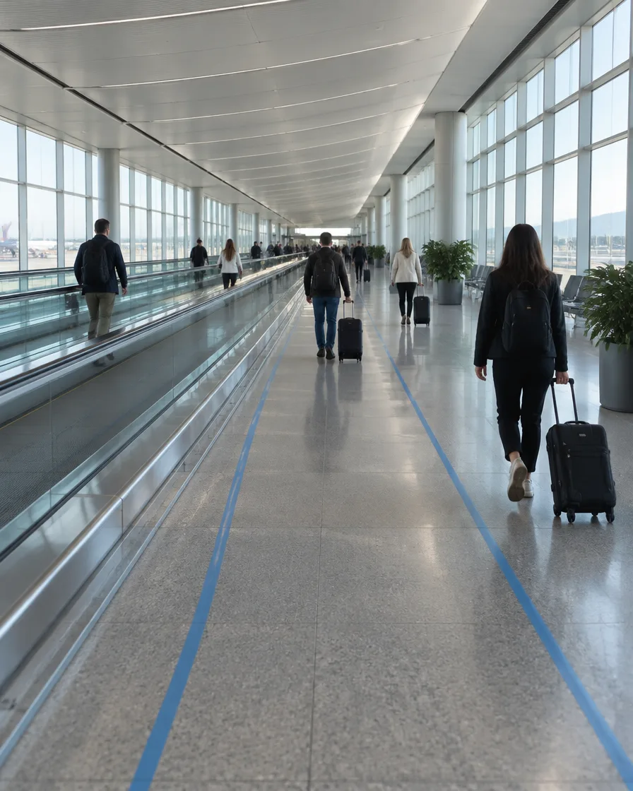 Long terminal corridor with moving walkways and travelers walking