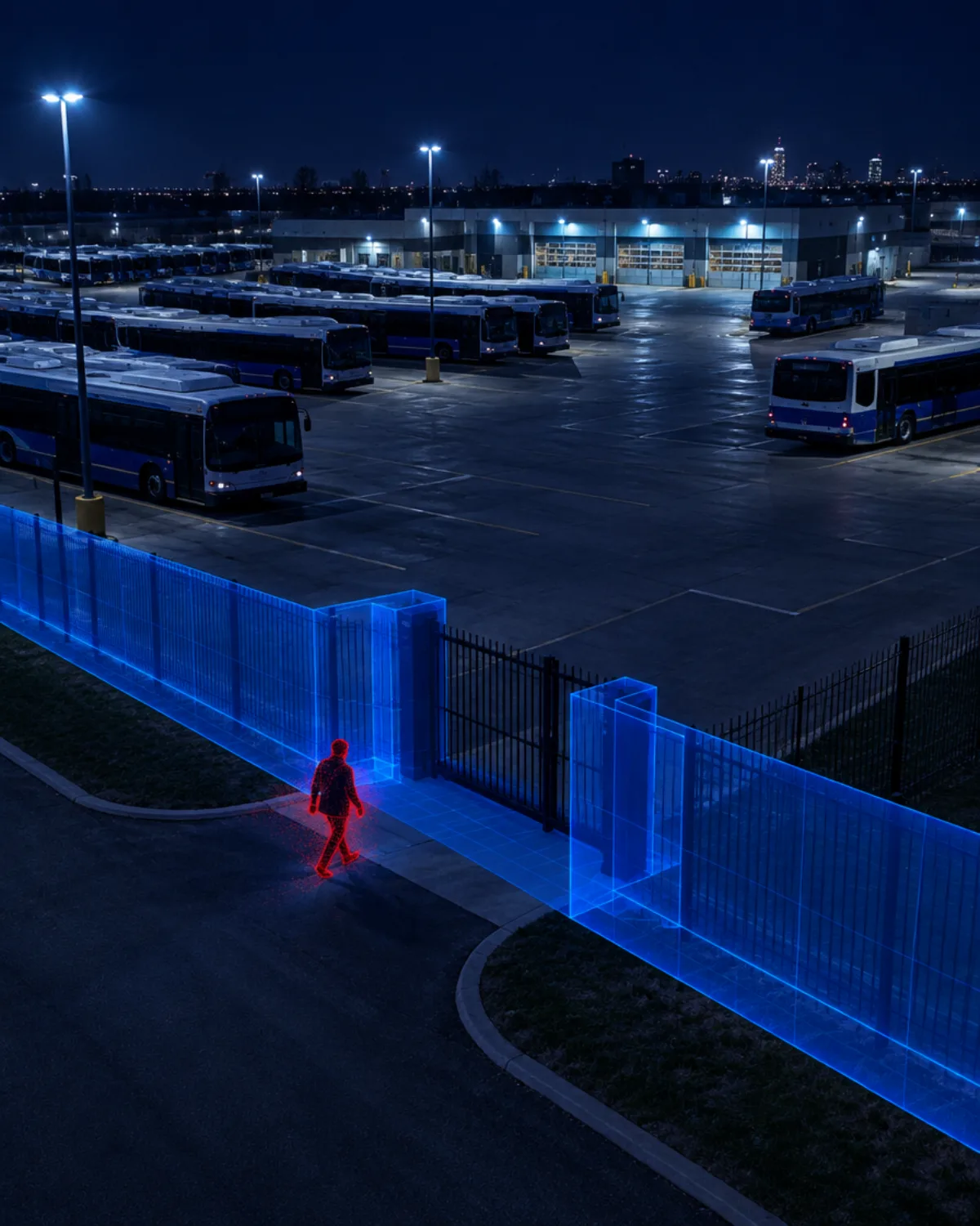 Bus depot at night with a blue 3D detection zone along the fence and gate and a person highlighted in red