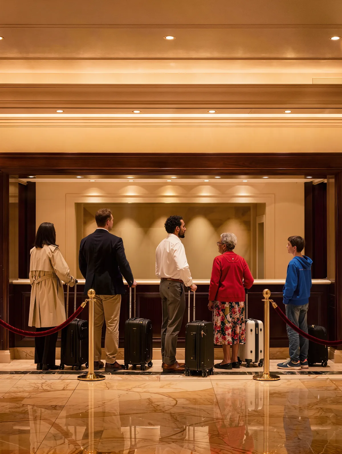 Hotel casino front desk with a short queue of guests