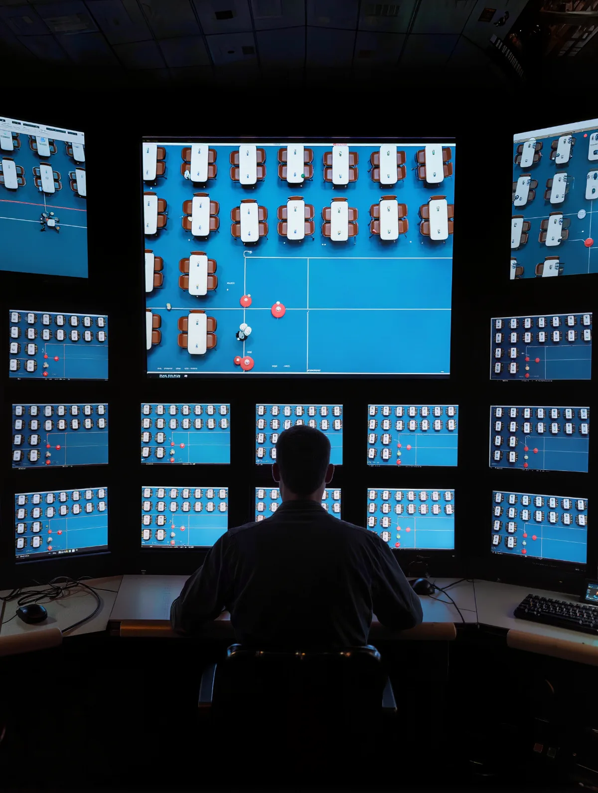 Casino surveillance room operator watching a floor map on monitors