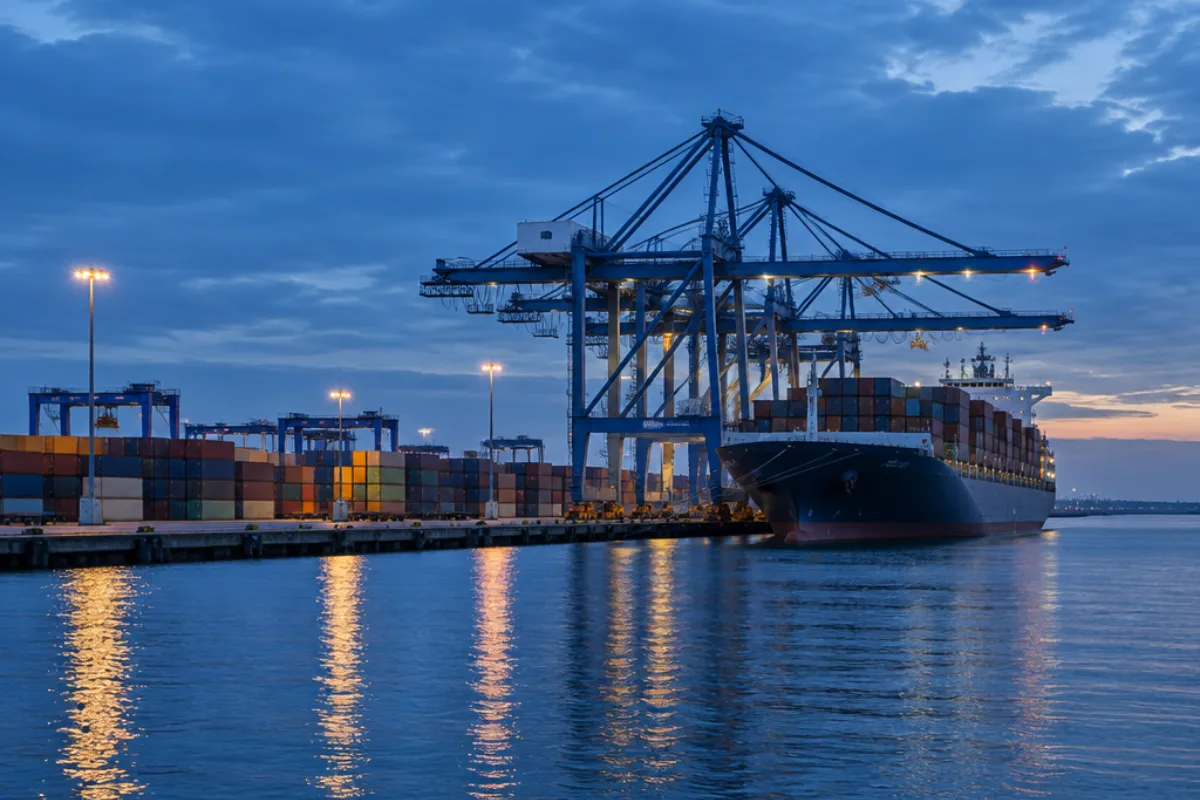 Container port at dusk with gantry cranes and a docked cargo ship