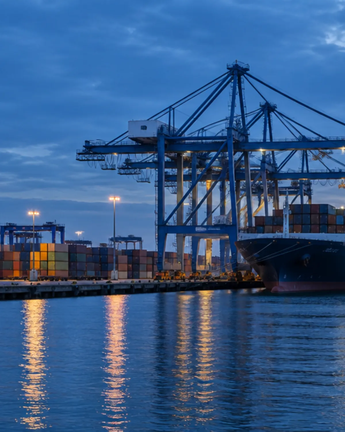 Container port at dusk with gantry cranes and a docked cargo ship
