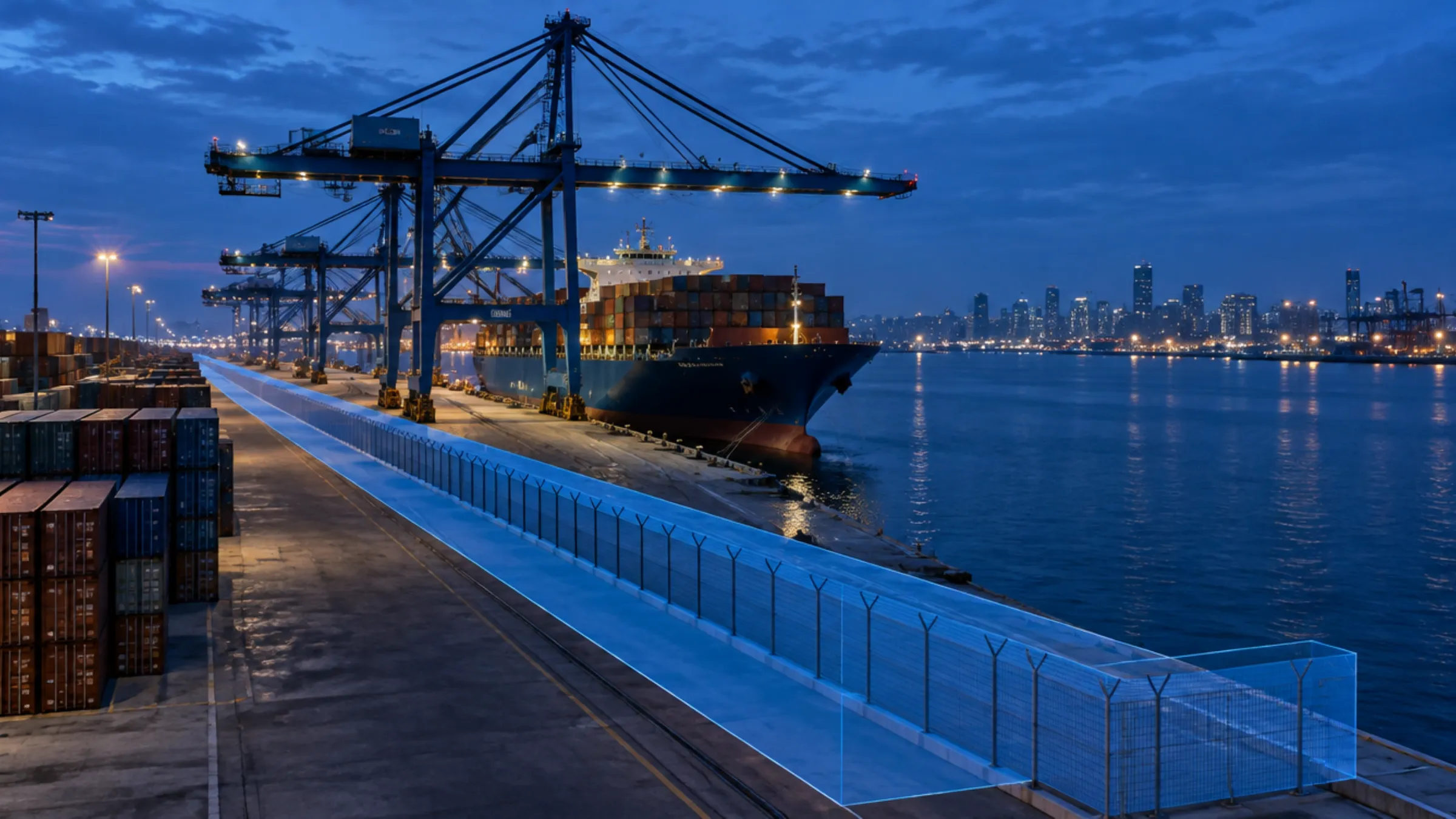 Container port at blue hour with gantry cranes, a docked ship and a blue 3D detection zone along the quay fence
