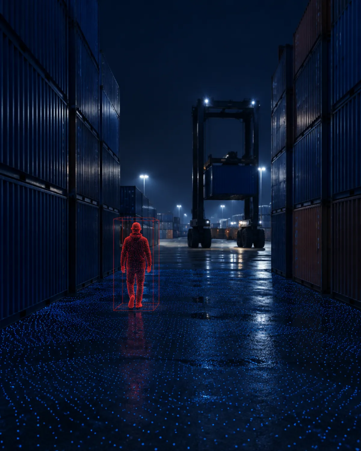 Container yard at night with a person walking between container stacks highlighted in red