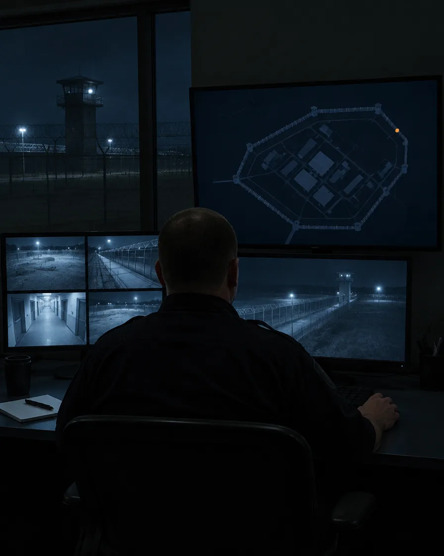 Officer in a correctional facility control room watching a perimeter map