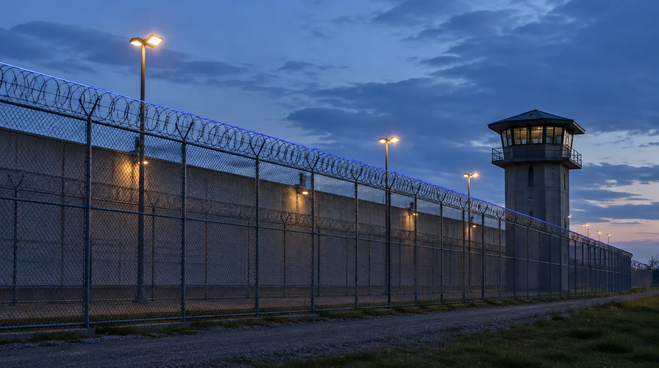 Correctional facility perimeter at dusk with a concrete wall, double razor-wire fences and a guard tower
