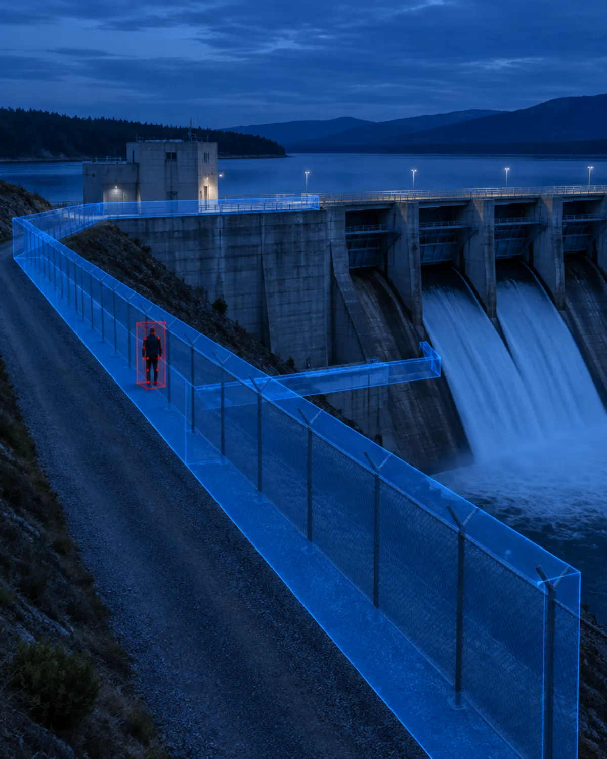 Concrete dam and spillway with a blue 3D detection zone along the perimeter fence and an intruder highlighted in red