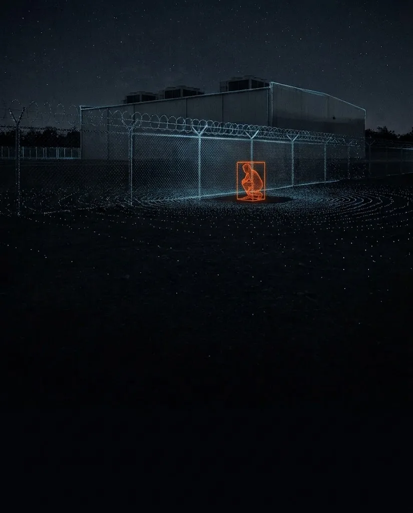 3D LiDAR point cloud detecting a crouching intruder beside a tall data center perimeter fence in total darkness