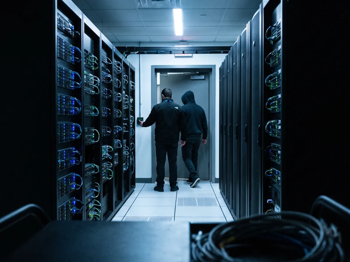 Two people passing through a single badge-controlled door into a data center server room