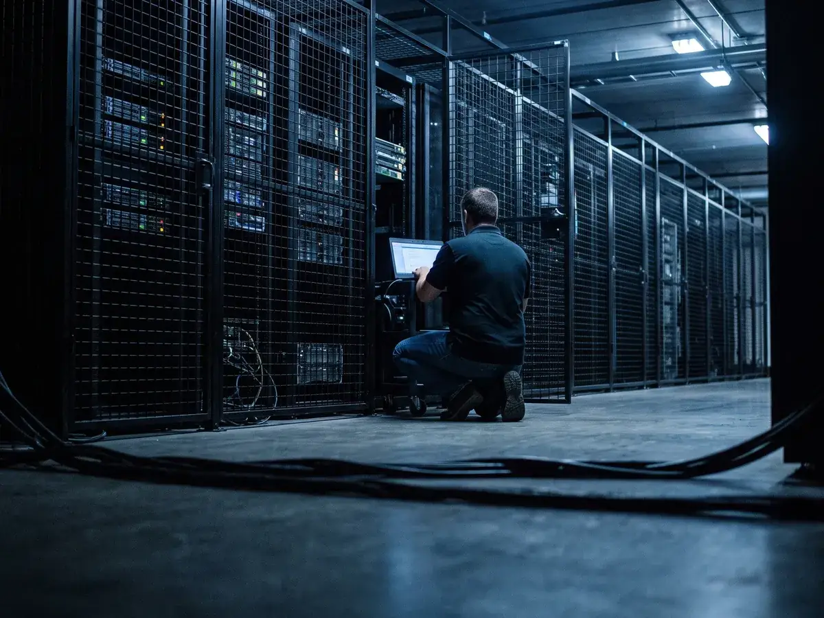 Technician working at a server rack inside a colocation cage
