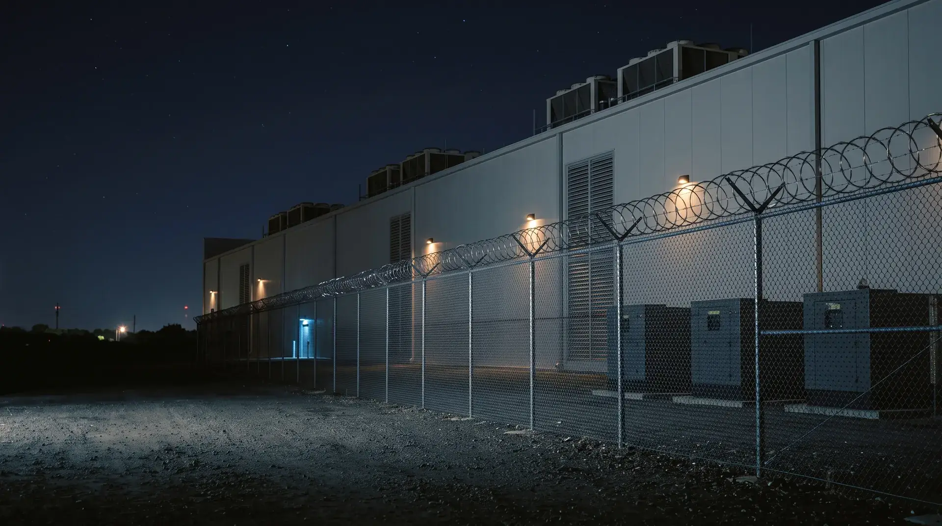 Data center campus perimeter fence at night