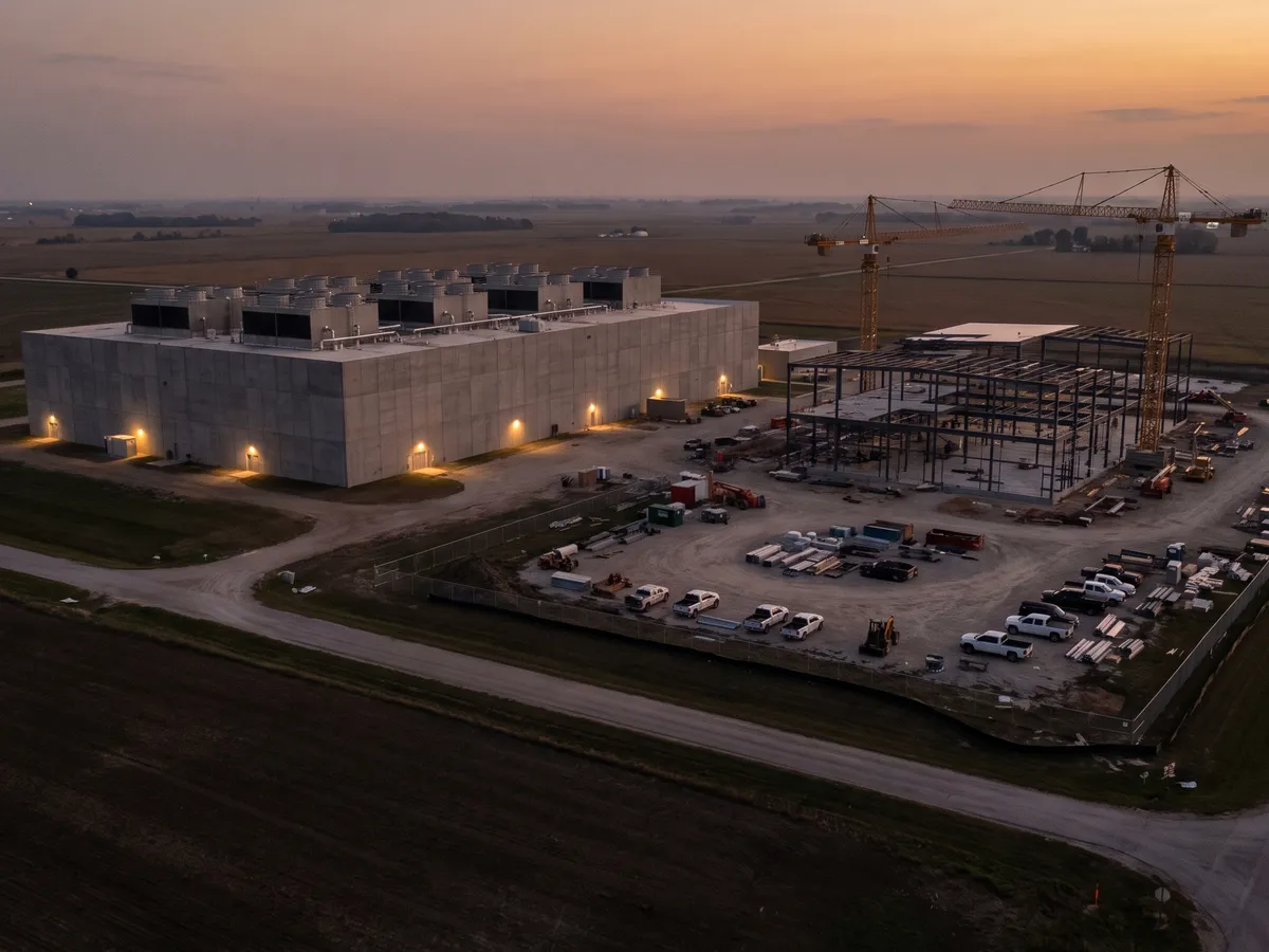 Aerial view of an operating data center beside a new data hall under construction with cranes