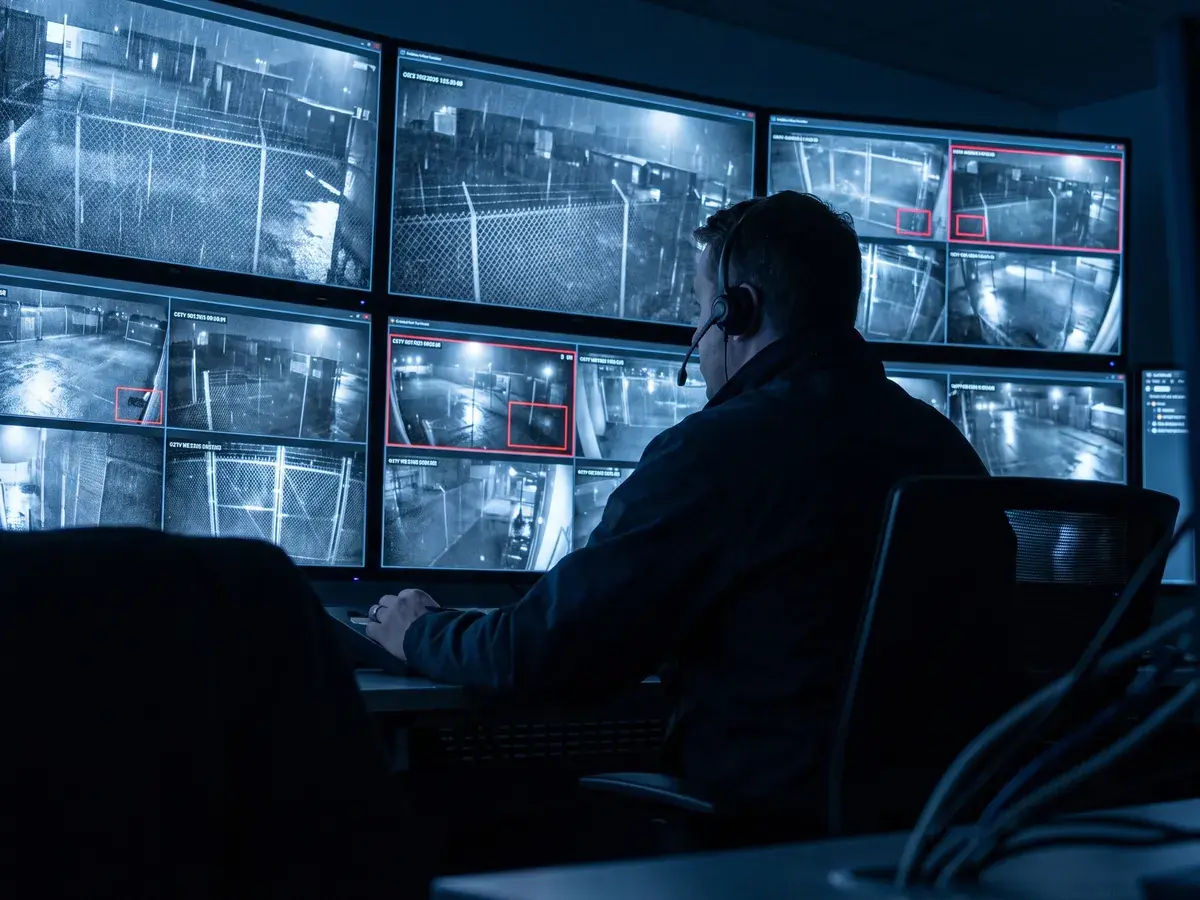 Security operator reviewing camera feeds with flagged events