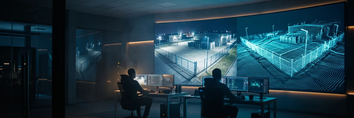 Data center security operations center at night with a video wall showing a perimeter camera feed beside a 3D LiDAR point cloud of the fenced yard