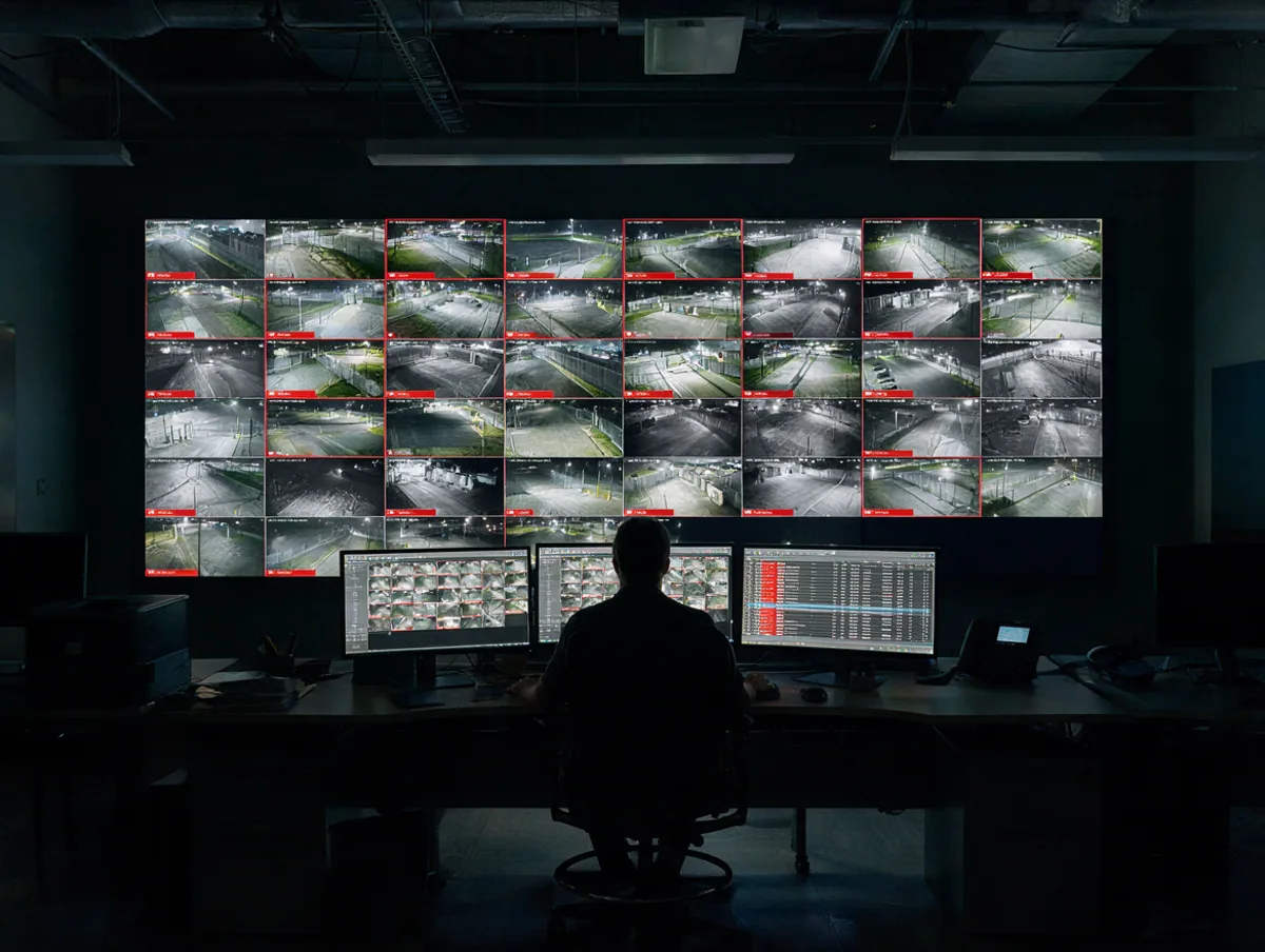 Security operator in a data center SOC watching a VMS video wall of perimeter camera tiles, many outlined in red with alarms, and a long alarm event list