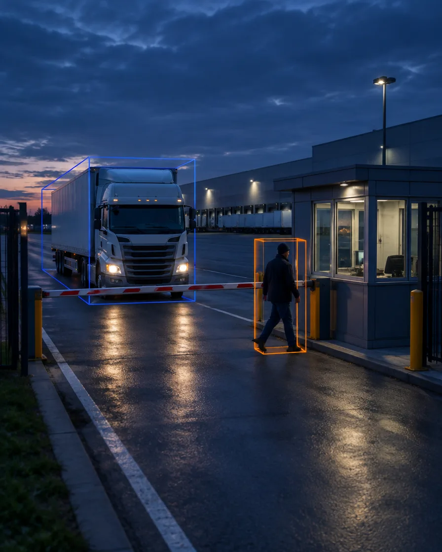 Distribution center entry gate at dusk with a truck outlined in blue and a pedestrian walking around the barrier highlighted in orange