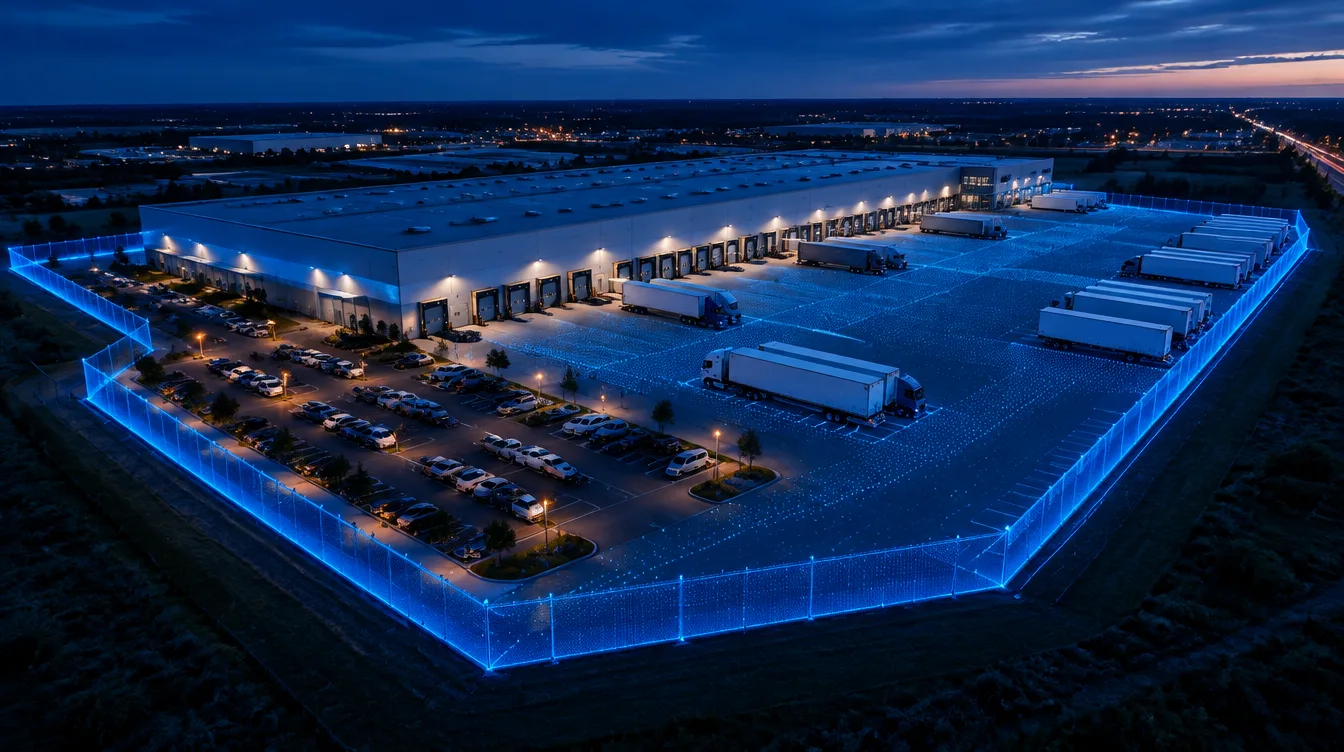 Parcel distribution center at blue hour with loading docks, a truck yard and a blue 3D detection zone along the perimeter fence