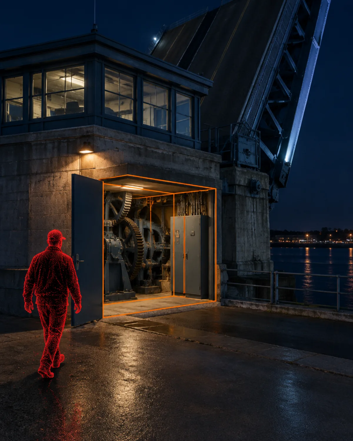 Drawbridge tender house machinery room doorway outlined by an orange 3D zone with a person approaching highlighted in red