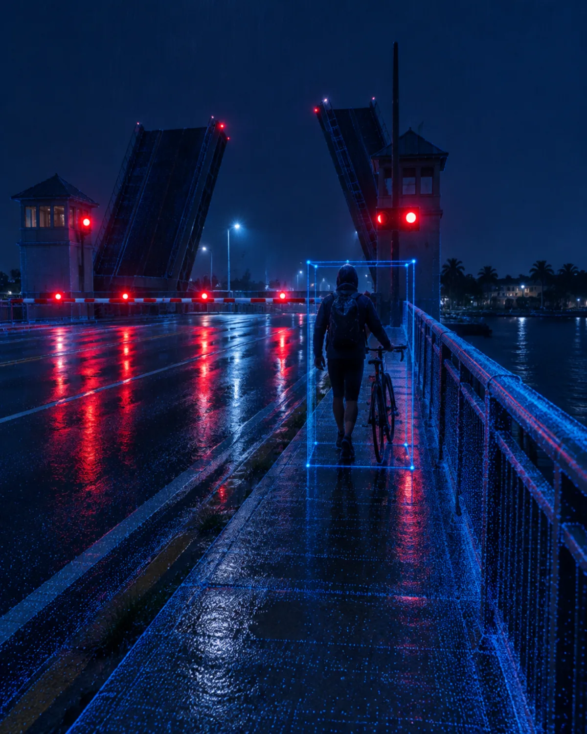 Cyclist walking a bicycle on a drawbridge sidewalk at night in the rain, tracked inside a blue 3D bounding box
