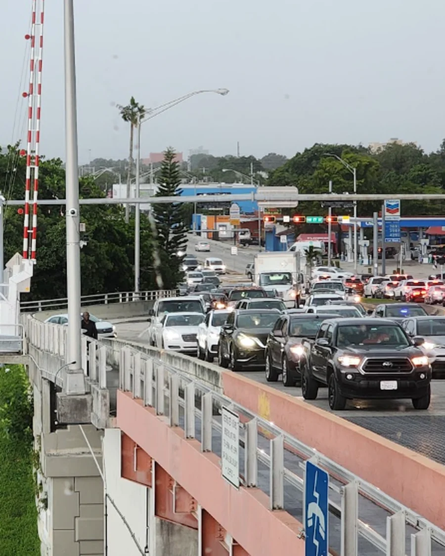 Traffic queued at the gate arm of a movable bridge
