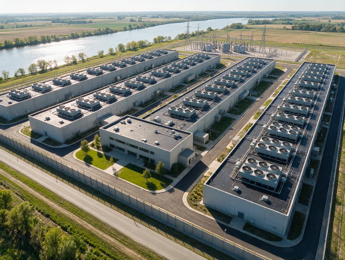 Aerial view of a hyperscale data center campus with four data halls, substation, service roads and a long perimeter fence beside a river