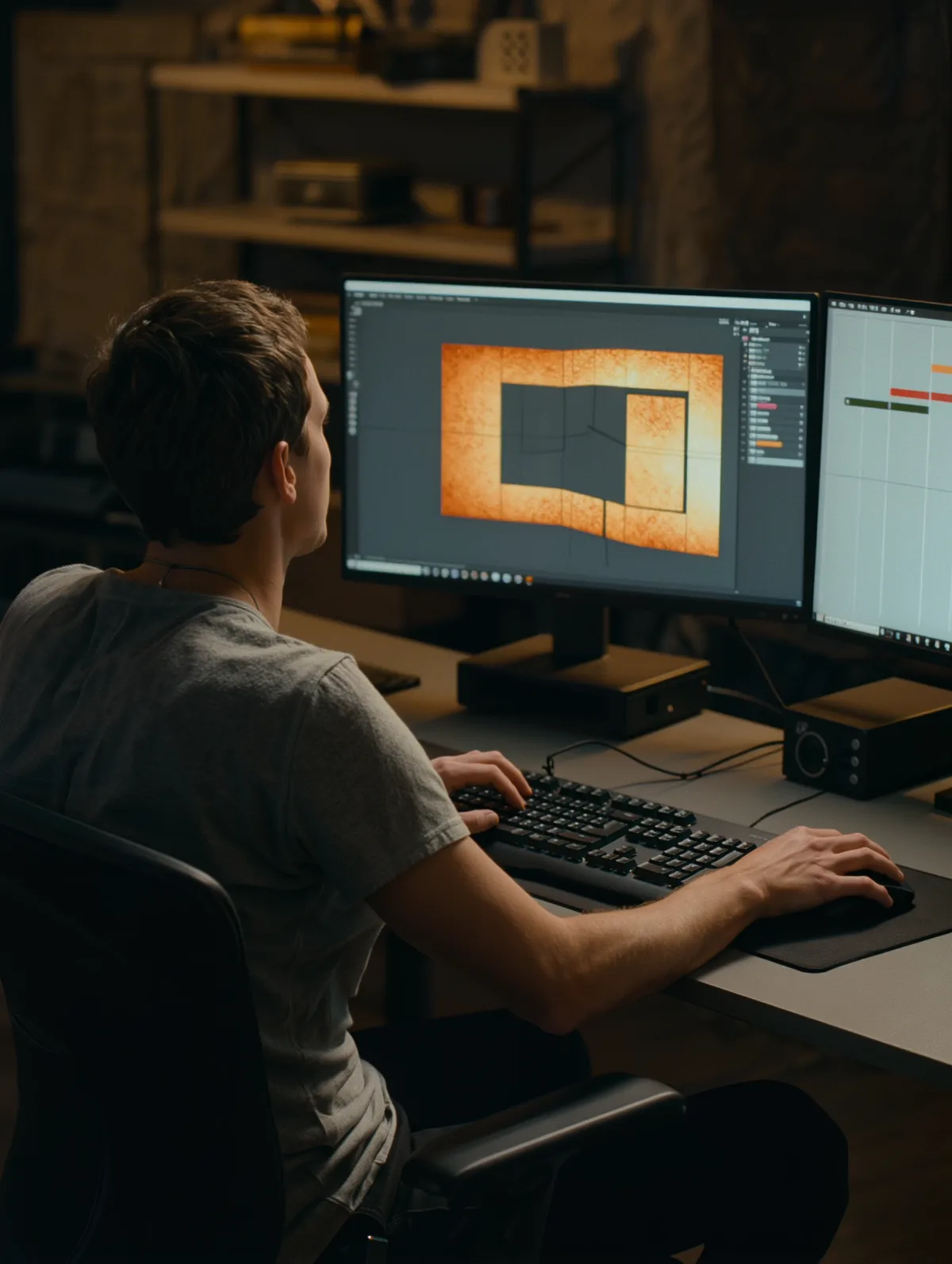Creative technologist reviewing a visitor heat map on studio monitors