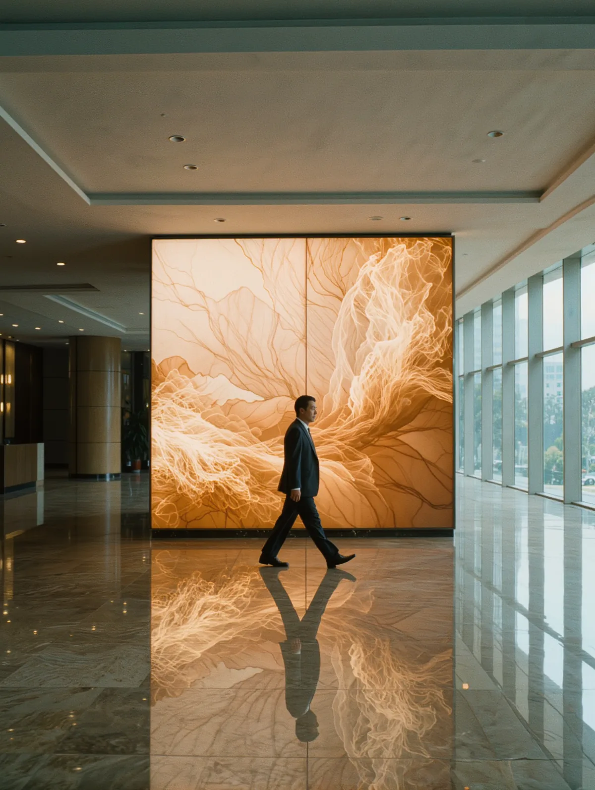 Corporate lobby LED wall showing generative art as a person walks past